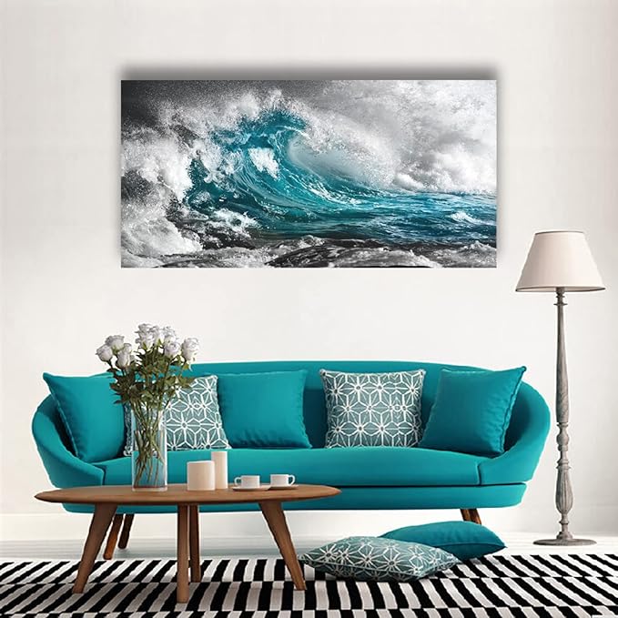 Sea Wave Pictures Canvas Wall Art For Living Room Bedroom Wall Decor,Surge Wall Art Print Paitnings for Home Decor,Morden Artwork Sea Seascape Canvas Art Waterproof Ready to Hang-28x57 Inches