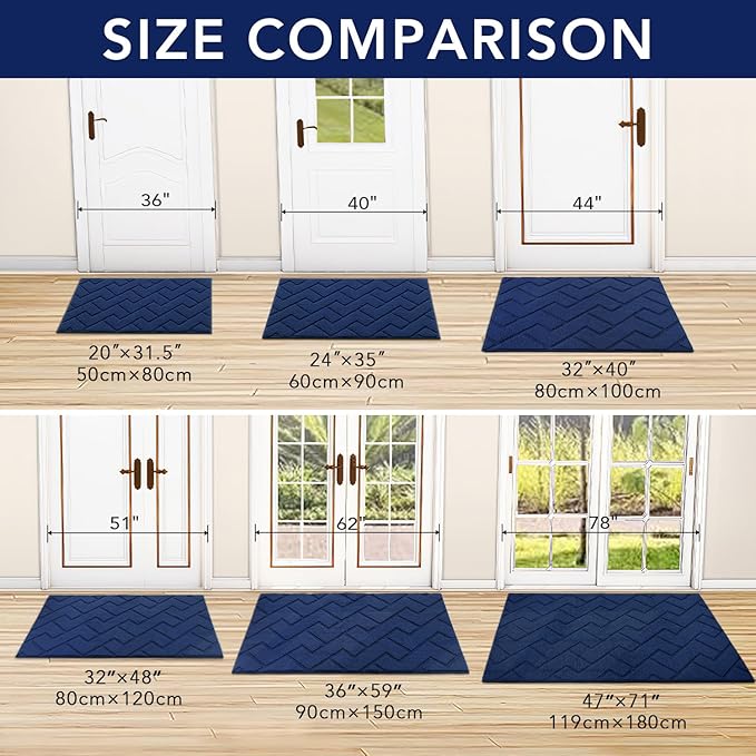 hicorfe Indoor Doormat,Front Back Door Mat Rubber Backing Non Slip Door Mats 24"x35" Absorbent Resist Dirt Entrance Doormat Inside Floor Mats for Entryway Washable Low-Profile (Navy Blue)