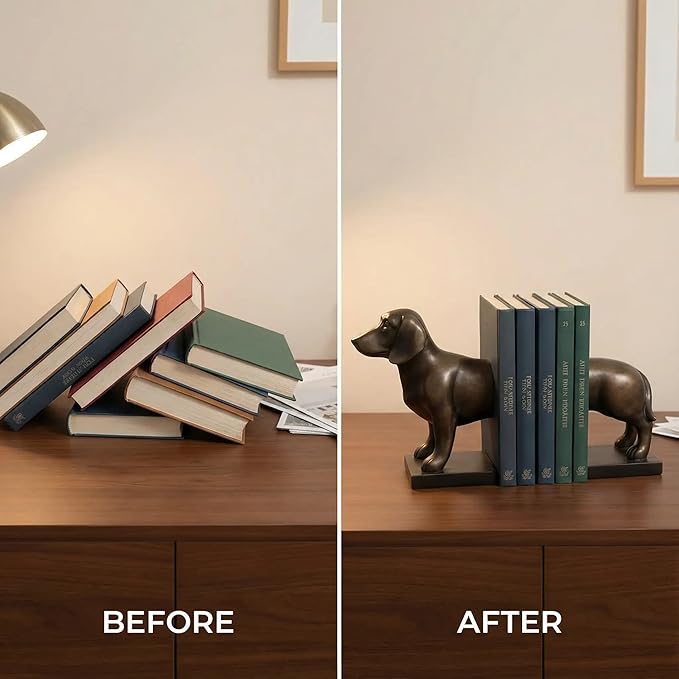Comfy Hour Dachshund Dog Decorative Bookends, 12" Unique Wiener Dog Book Ends for Shelves, Heavy Duty Polyresin Book Stopper for Books, 1 Pair, Dark Copper