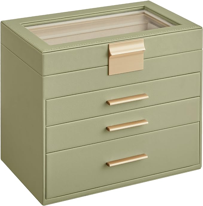 SONGMICS GISELLA Collection - Jewelry Box Organizer, 4-Layer Jewelry Storage with 3 Drawers, Shiny Metal Hardware, Glass Lid, Modern, 6 x 9.9 x 8.5 Inches, Laurel Green and Gold Color UJBC161C02