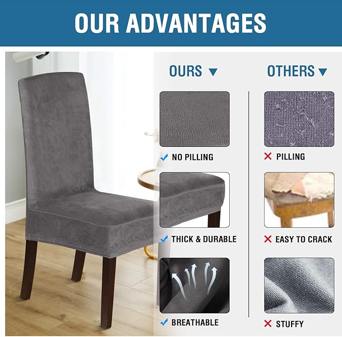 H.VERSAILTEX Velvet Dining Chair Covers Stretch Chair Covers for Dining Room Set of 2 Parson Chair Slipcovers Chair Protectors Covers Dining, Soft Thick Solid Velvet Fabric Washable,Grey
