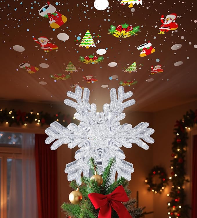 Christmas Tree Topper Lighted Decorations, Built-in Led 360° Rotating Projector Lights, Silver Spangles Plug in for Indoor Home Xmas New Year Party Holiday Night Tree Decor