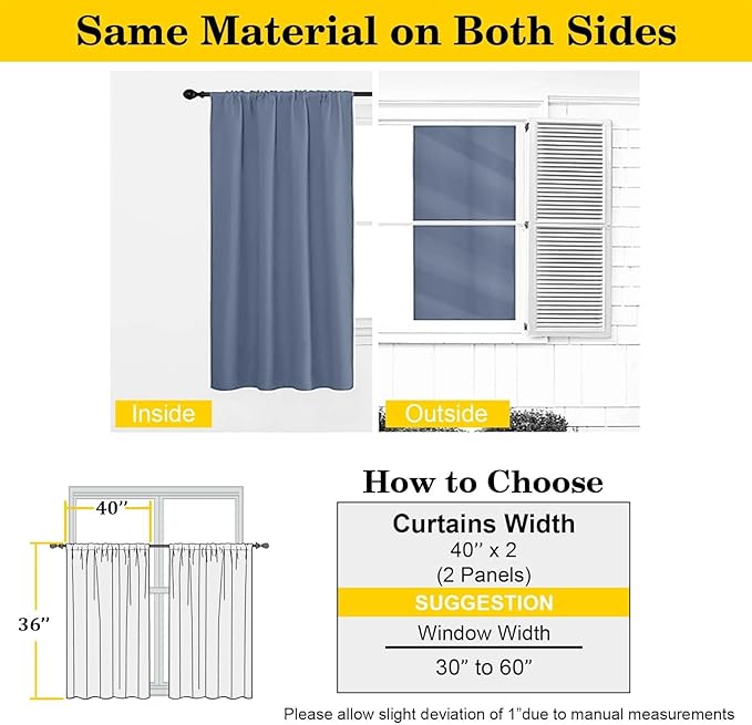 Denim Cafe Blackout Curtains 36 Inch Length 2 Panels Set, Soft Solid Thermal Insulated Room Darkening Small Window Curtains for Kitchen Bathroom Basement, Denim, Each, 40" Wx36 L