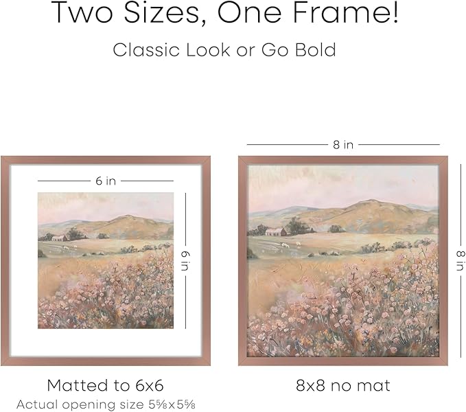 Homeforia 8x8 Mocha Picture Frame, High End Metal 8 x 8 Square Photo Frames with Mat 6 by 6, 8x8 Poster Frame Matted to 6x6 inch Print, 8by8 Wall or Tabletop Frames, Tempered Glass, Wall Kit, Set of 1