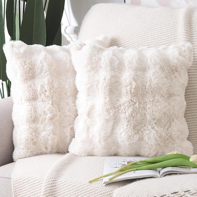 MADIZZ Pack of 2 Thick Plush Wool Throw Pillow Covers 24x24 Inch Cream Soft Neutral Decorative Throw Pillows Accent Boho Cushion Covers for Couch Sofa Bedroom Pillow Shell
