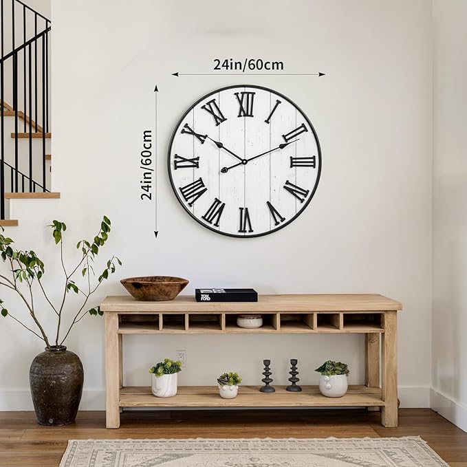 MODE HOME Large Rustic Wooden Wall Clock, 24 Inch Whitewashed Farmhouse Wall Clock with Carved Roman Numerals, Silent Battery Operated Round Vintage Clock for Living Room, Kitchen, Bedroom, Study Room
