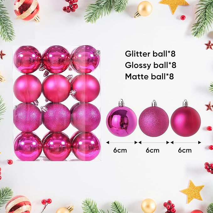 24ct 2.36 Inch Christmas Balls Ornaments for Xmas Christmas Tree - Shatterproof Decor Hanging Ball Set for Holiday Wedding Party Decoration (Rose Red 60mm)