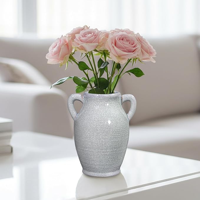 Sunddo Blue Ceramic Vase with 2 Handles, Modern Pottery Flower Vase, Texture Decorative Vases for Pampas Grass, Farmhouse Decor, Centerpiece for Dining Table Console Shelf Bookshelf Mantle