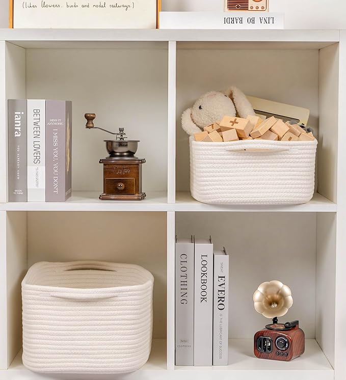CubesLand Woven Cotton Rope Basket for Laundry, Book, Nursery, Clothes, Shoes, Toys Organizing and Bedroom Home&Living Room Decor, with Durable Handle, Rectangular 14x10x7.08IN White