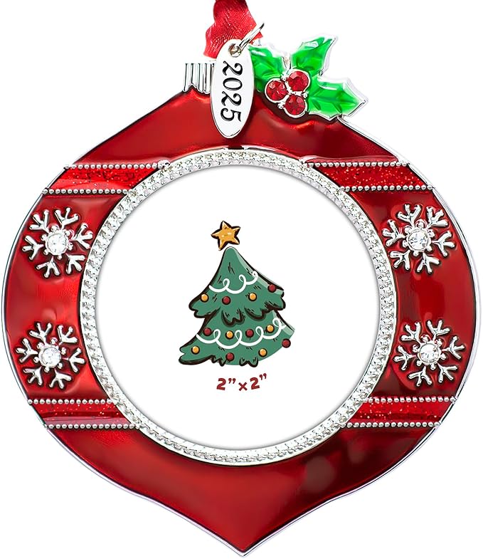 2025 Christmas Tree Ornament Picture Frame Metal Hanging Pendant Holiday 2" Photo Frame Charm Decorative of Pets, Baby First Christmas, Family (2025 Style 8)