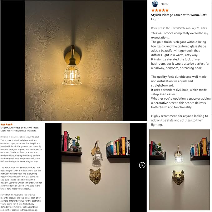 Gold Wall Sconces, Modern Brushed Golld Sconce Wall Lighting, Vintage Glass Light Fixtures, Indoor Wall Lamps for Bathroom Vanity Mirror Living Room Bedroom Kitchen Hallway Stairway E26 Hardwire
