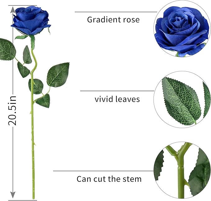 Flojery 10pcs Royal Blue Silk Roses Artificial Rose Flowers Long Stem for DIY Wedding Bouquet Table Centerpiece Home Decor (Royal Blue)