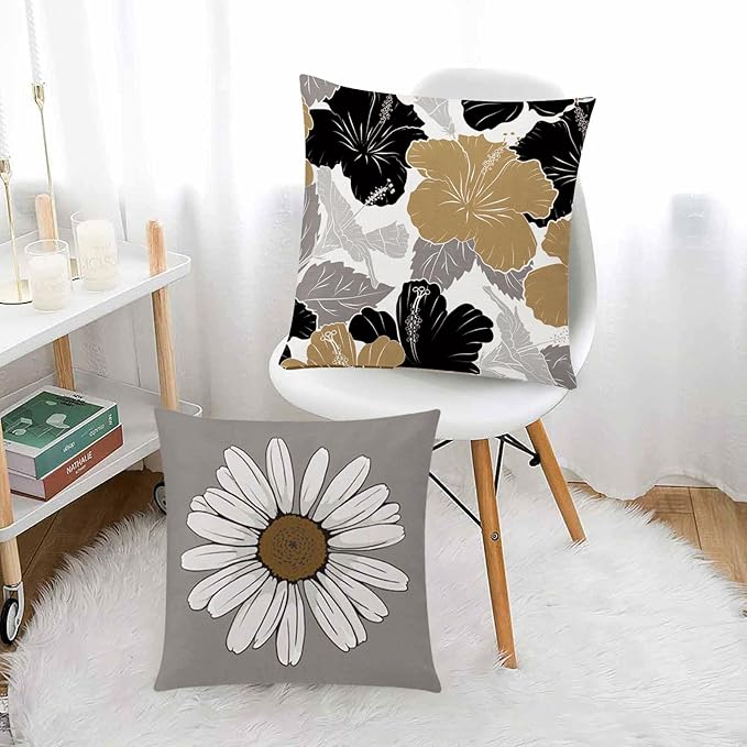COMMINY Brown Black Pillow Covers 20x20 Set of 6, Daisy Flower Throw Pillow Cover Case Rustic Square Cushion Cover for Sofa Bedroom Living Room Farmhouse Home Decor