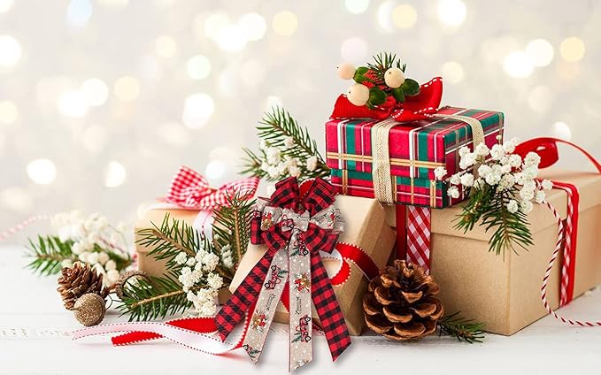 RECUTMS 2 Pieces Red Christmas Bows Tree Topper Burlap Bows with Xmas Bell Pattern Small Two-Tier Christmas Wreath Bow for Xmas Parties Front Door Home Indoor Outdoor Holiday Decorations