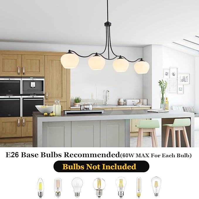 4 Lights 22.4" Kitchen Island Lighting Matte Black Dining Room Light Fixture Adjustable Rods Farmhouse Chandelier Pendant Lighting with Opal Glass Lampshade for Kitchen Over Table Living Room Entry