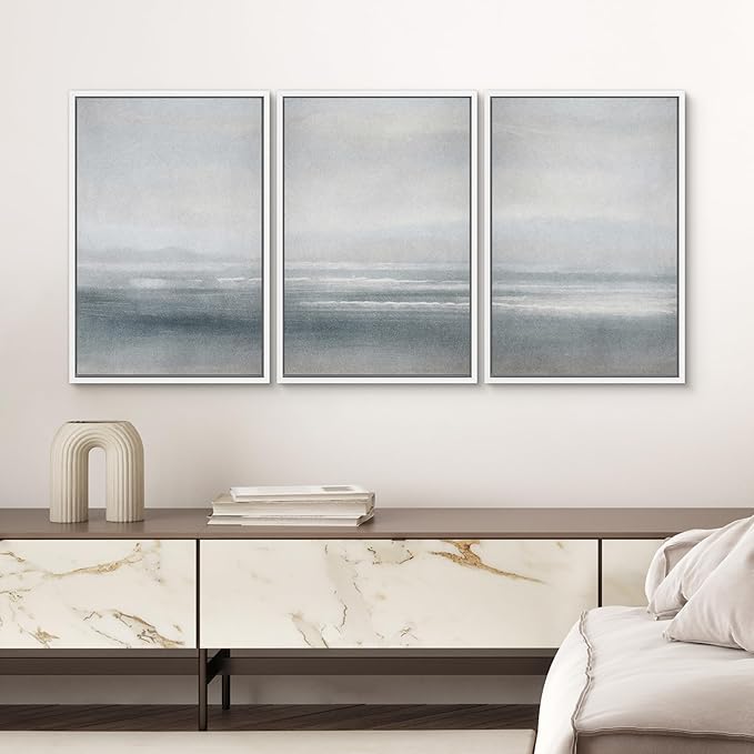 SIGNWIN Framed Canvas Print Wall Art Set Serenity Seascape Soft Blue Ocean Views Modern Art Decorative Rustic Calm/Zen for Living Room, Bedroom, Office - 24"x36"x3 White