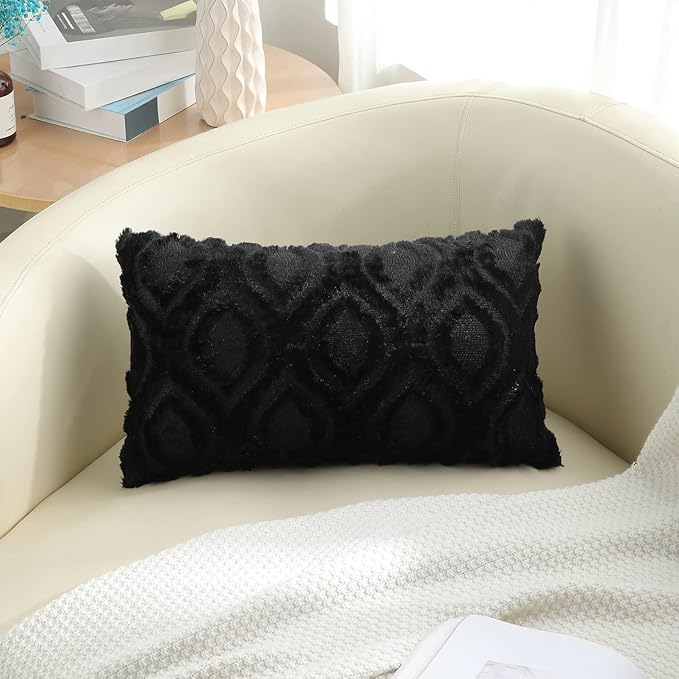 decorUhome Throw Pillow Covers 12x20 Inch Set of 2, Soft Plush Faux Wool Black Solid Couch Pillow Covers, Accent Farmhouse Neutral Lumbar Pillow Cases for Sofa Bed Living Room