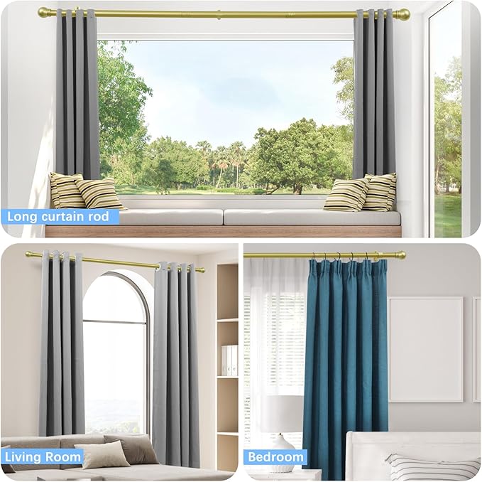 Curtain Rods for Windows 16 to 76 Inches, Curtain Rod Max Adjustable Length of 88 IN, 1" Diameter Drapery Rods Round Finials, Warm Gold, Pack of 2