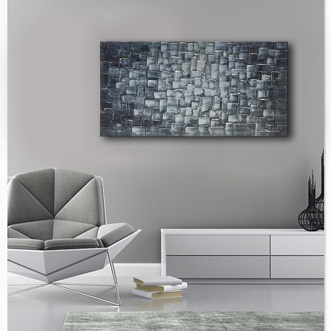 MyArton Textured Abstract Squares Canvas Wall Art Hand Painted Modern Silver Oil Painting for Decoration Ready to Hang 48x24inch