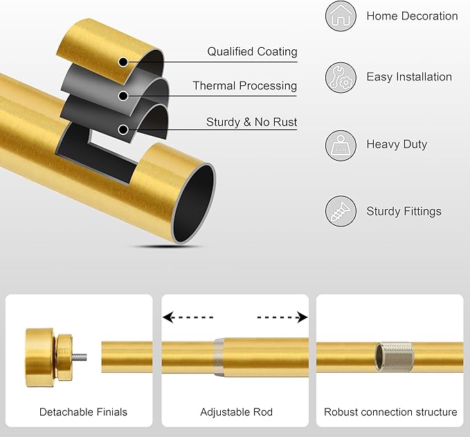 PORTRES Modern Gold Heavy Duty Curtain Rods for Windows 66 to 120 Inches Adjustable Length 1" Diameter Curtain Rod with Farmhouse Decorative Finials for Outdoor Bedroom Kitchen Living Room