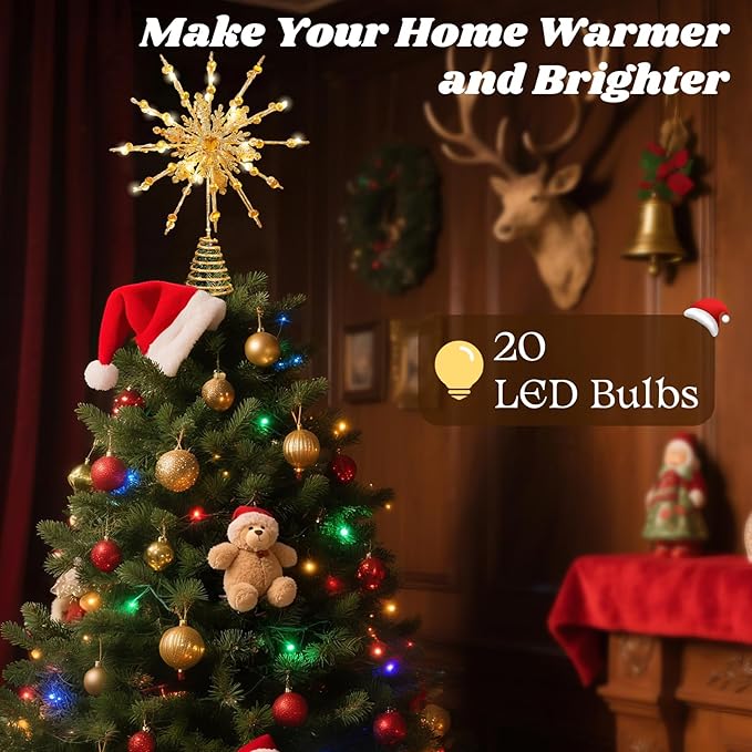 Lewondr Christmas Tree Topper, 12.2'' Metal Xmas Star Tree Topper with 20 LED Bulbs, USB Powered Glittered 12-Pointed Treetop for Christmas Ornaments, Remote Control, 6H Timer, 8 Light Modes, Gold
