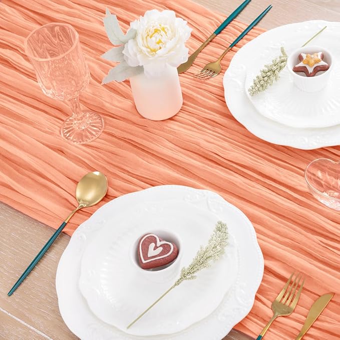 MLMC Peach Pink Cheesecloth Valentines Table Runner 10ft Sheer Gauze Coral Cheese Cloth Table Runner Spring Dinning Decoration 35x120 Inches for Easter Wedding Bridal Baby Shower Party Decor