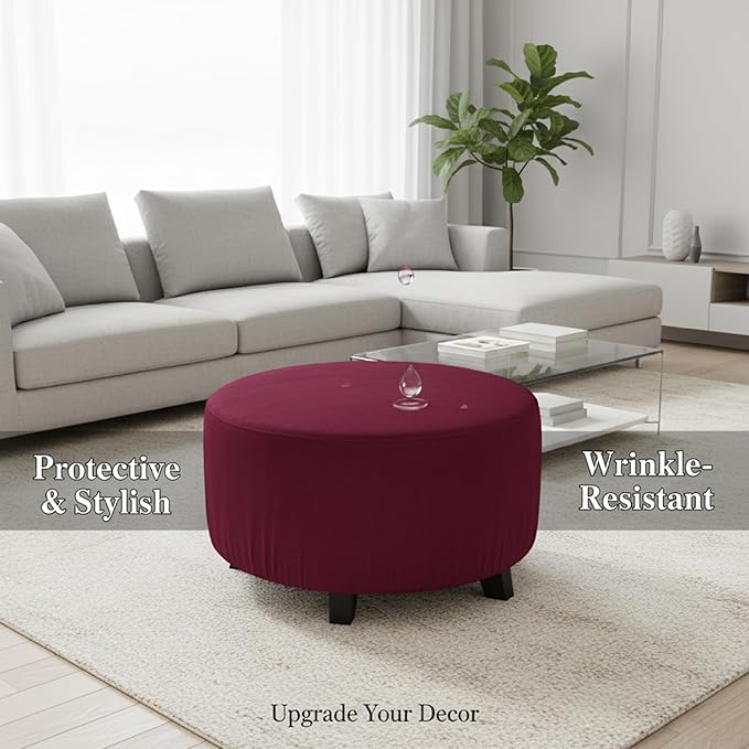Round Ottoman Cover Stretch Velvet Plush Footstool Cover Non Slip Washable Ottoman Slipcover with Elastic Bottom