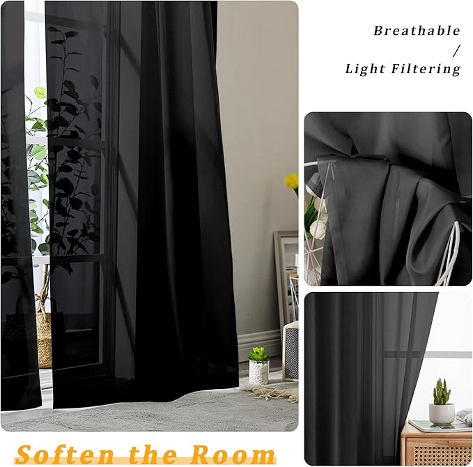 Gwine Black Sheer Curtain Tiers 24 Inch Length, Light Filtering Voile Short Curtain for Living Room Bedroom, Rod Pocket Cafe Curtains for Small Windows 42x24 Inch, 2PCS