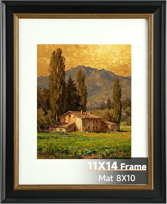 11x14 Black Picture Frame, 11x14 Photo Frame with Real Glass, Antique Picture Frames for Wall or Tabletop Display, Display Poster 8x10 with Mat or 11 x 14 Without Mat for Antique Déco,Black with Gold Trim