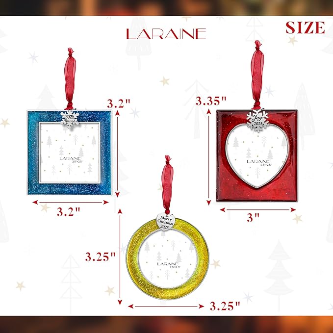 Laraine Christmas Tree Ornaments 3 Pieces – Decorative Hanging 2025 Pendant with 2.5” Picture Frame Insert for Pet Holiday Keepsake Gift (Colorful-A-Set (2025))
