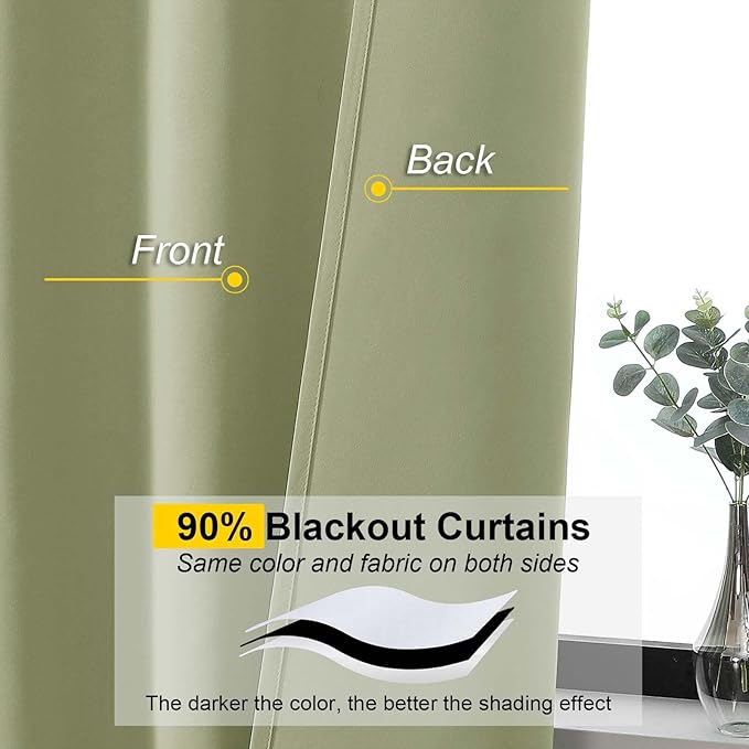 Sage Green Blackout Curtains for Bedroom Living Room 90 Inches Long 2 Panels, Soft Solid Room Darkening Thermal Insulated Window Treatments, Rod Pocket Curtain, 50" Wx90 L