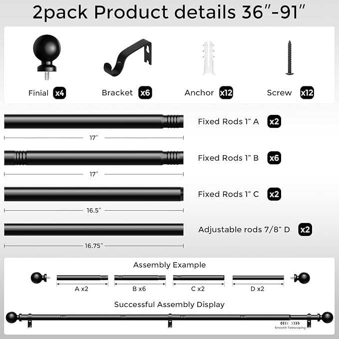 2 Pack Curtain Rods 48 to 84 Inch, Black 1 Inch Adjustable Heavy Duty Curtain Rods for Windows, Decorative Modern Window Treatment Rod, Splicing Metal Drapery Pole, Easy Installation