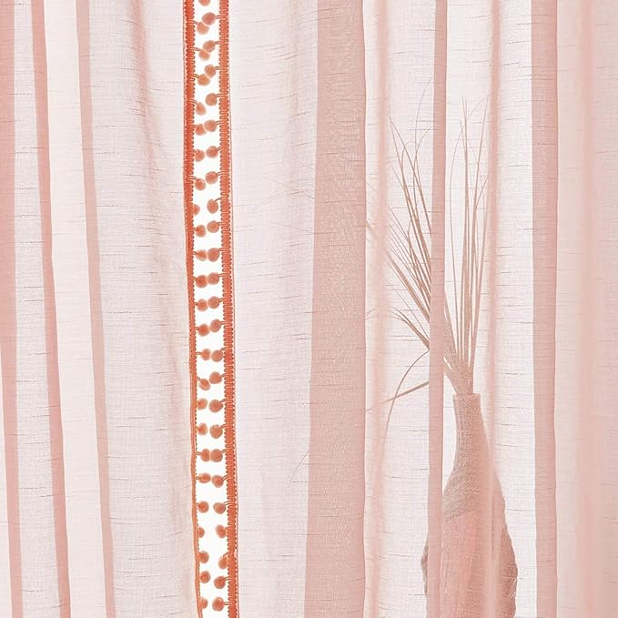 Treatmentex Pompom Sheer Curtains Blush Pink Window Draperies for Bedroom Rod Pocket Curtain Panels for Canopy Nursery Room 52" w x 2pc