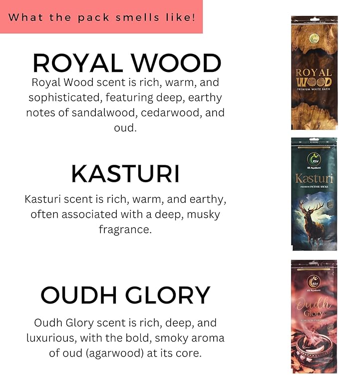 Hashcart Premium Incense Sticks Set of 3 Includes 200+ Sticks of Fragrances Each of Royal Wood, Kasturi, Oudh Glory, 110g Each, 45-50 Mins Burn Time with 1 Assorted Incense Stick Holder