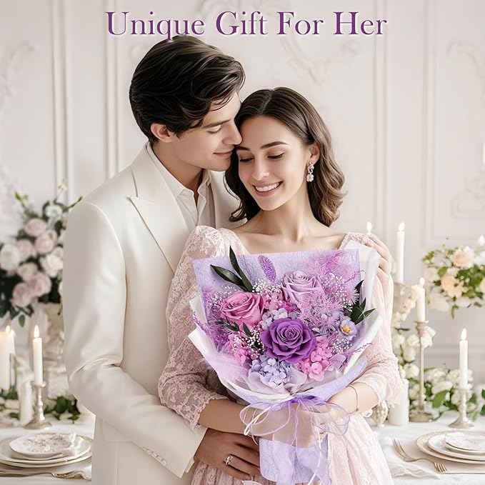 Preserved Bouquet of Flowers - 3 Roses & Flowers for Delivery, Long-Lasting Real Lavender Forever Flowers, Eternal Roses Bouquet for Mothers, Mom, Wife Anniversary Birthday Gifts for Women Grandma