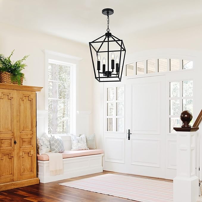 MELUCEE Farmhouse Chandelier 4 Lights Lantern Pendant Light in Black Finish Vintage Openwork Cage Hanging Light Ceiling for Kitchen Island Dining Room Hallway Entryway, E12 Base