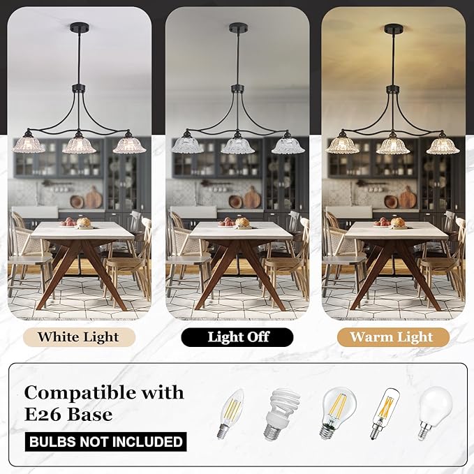 3-Light Vintage Pendant Light Fixtures for Dining Room,Black Kitchen Island Hanging Light with Flower Lampshade, Adjustable Height Ceiling Island Lamp for Kitchen Table Hallway