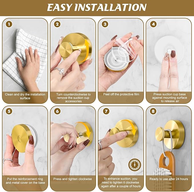 BKV Suction Cup Hooks for Glass Window,Removable Shower Hooks for Inside Shower,Metal Towel Hooks for Bathrooms,4 Pack(Gold)
