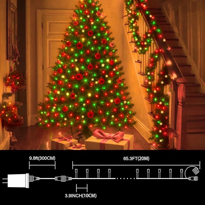 LAMPHOME 66ft Christmas Decorative Mini Lights, 200 LED Green Wire Fairy Starry String Lights Plug in, 16 Lighting Modes for Indoor Outdoor Xmas Tree Wedding Party Decoration (Red/Green/Warm)