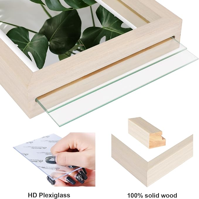 Egofine 8x10 Floating Frames Set of 2, Double Plexiglass Picture Frame, Made of Solid Wood Display Any Size Photo up to 8x10, Wall Mount or Tabletop Standing, Beige