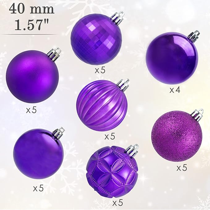 AMS 34ct Christmas Ball Mini Ornaments Party Decorations Shatterproof Festival Pendant Hangings for Xmas Tree Decor(1.57''/40mm,Purple)