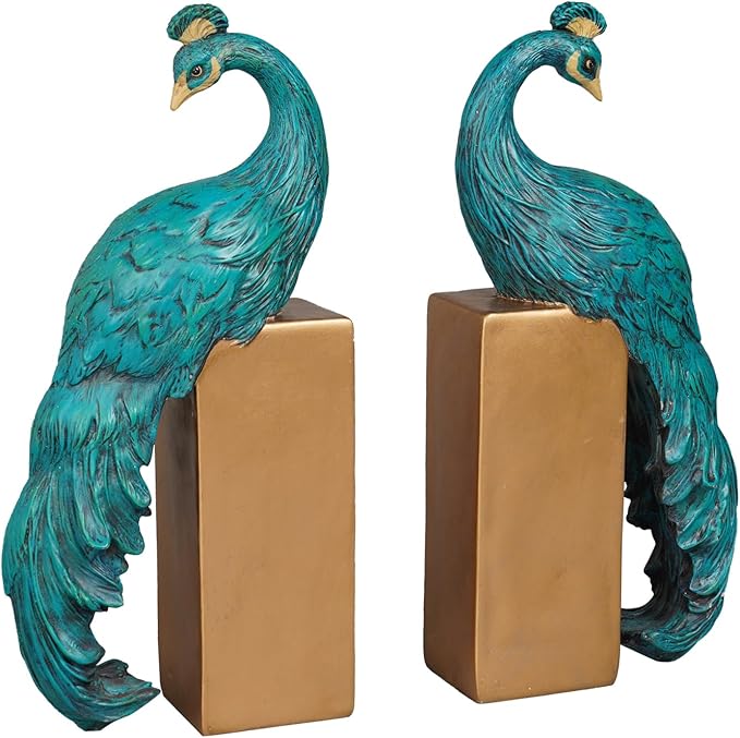 Heavy Duty Bookends Home Decor - Set of 2 Resin Peacock Non-Skid Decorative Bookends Bird Bookends Modern Peacock Statue Decor for Bookshelves Office Desk Living Room 6 * 2.5 * 12 Inch Braxio