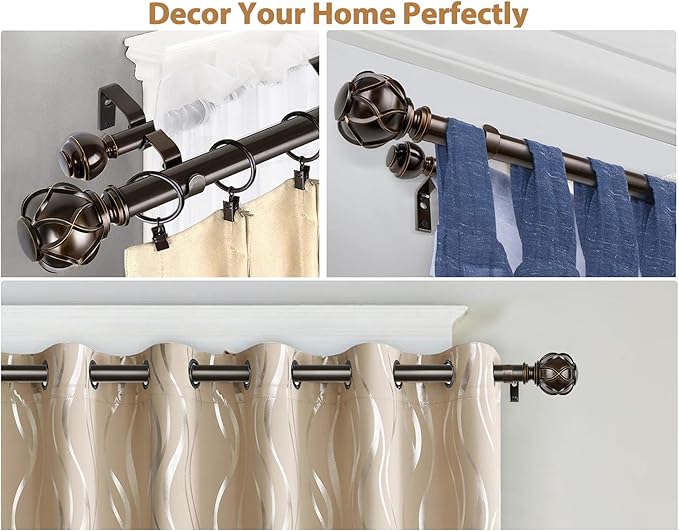 KAMANINA 1 Inch Double Curtain Rods 140 to 195 Inches (12-16 Feet) Telescoping Heavy Duty Drapery Rod for Windows 120 to 170, Netted Texture Finials, Antique Bronze