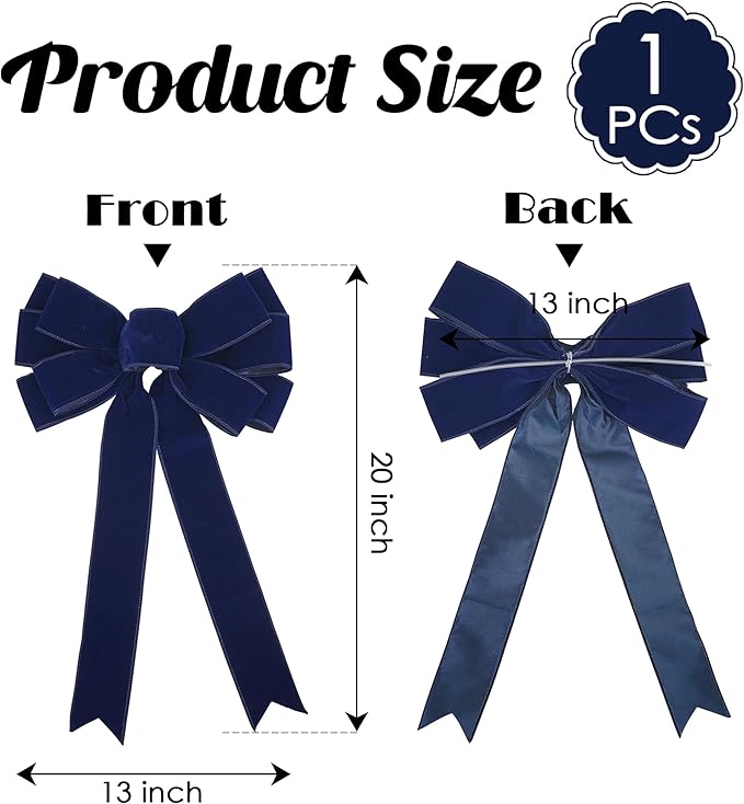 13" Navy Blue Velvet Christmas Tree Topper Bow, Premade for Wreaths, Gift Bows, Home Decor