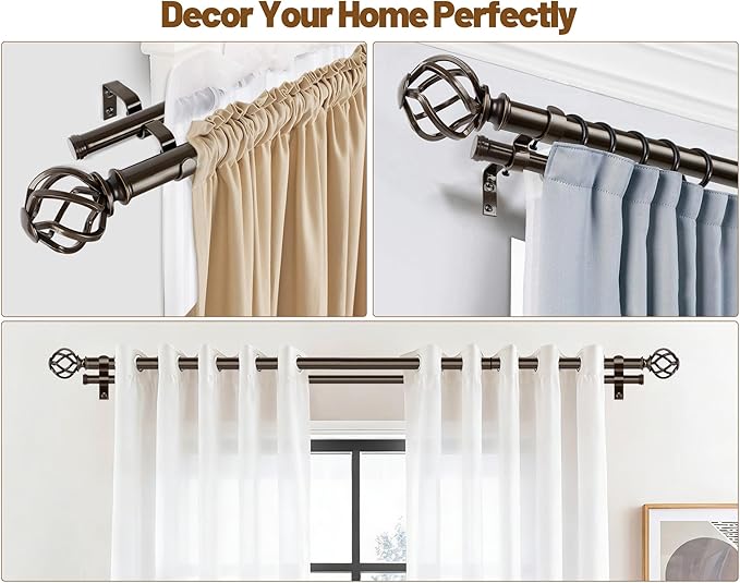 KAMANINA 1 Inch Double Curtain Rod 72 to 144 Inches (6-12 Feet), Antique Bronze Curtain Rods for Windows 66 to 120, Heavy Duty Telescoping Drapery Rods with Twisted Cage Finials