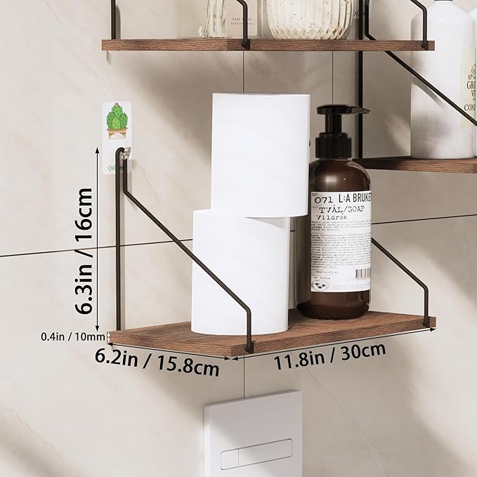 Elevate Your Space with Rustic Wood Floating Shelves Set of 3- Perfect for Bedroom, Living Room, Bathroom, and Kitchen Decor - Easy Installation, No Drilling Needed! Brown