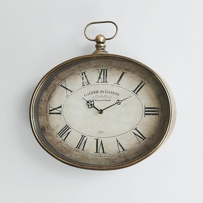 Vintage Decorative Wall Clock - 16 inch, Oval Pocket Watch Design, Retro Gold, Roman Numerals, Battery Operated, Large Antique Wall Clock for Living Room, Entryway, Kitchen, Bedroom, Bathroom, Office