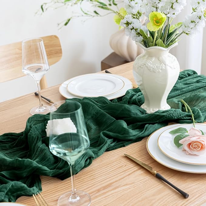Asee'm 12PCS Table Runner Cheesecloth Christmas 10FT Emerald Green Boho Gauze Fabric Rustic Sheer Cheese Cloth Runners for Wedding Bridal Shower Party
