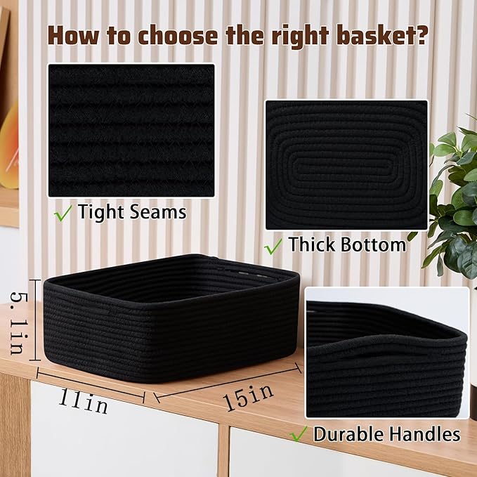 Large Shallow Organizing Baskets 15x11x5.1 Inches - Rope Woven Storage Bins for Bathroom, Shelves, Cube Closet, Black 3 Packs