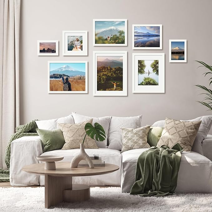 Egofine 5x7 Picture Frame 4PCS Made of Solid Wood, Display Picture 3.5x5/4x6 with Mat or 5x7 Covered by Plexiglass for Table Top Display and Wall Mounting Photo Frame, White with Texture
